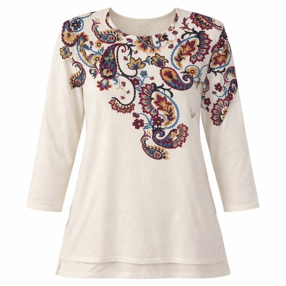 Premise Women’s Paisley Tunic Top Cream Long Sleeve Boho Floral Blouse Size 1X